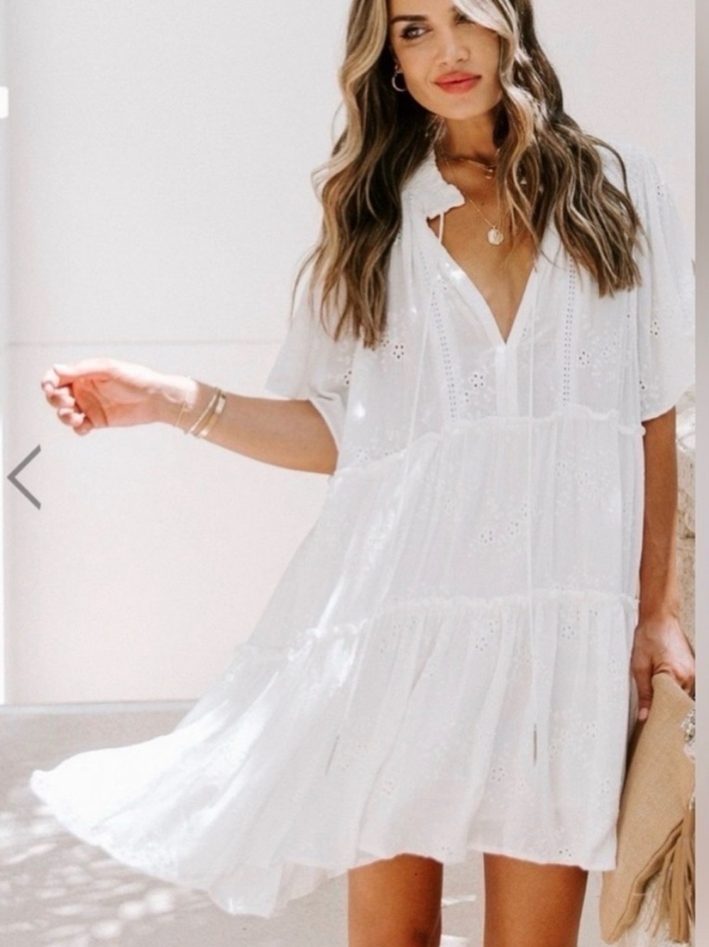 Vici White Eyelet V-Neck Tiered Babydoll Dress